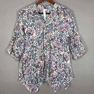 Grand & Greene Shirt Women's Small White Pink Floral Boho Top Button Up Roll Tab